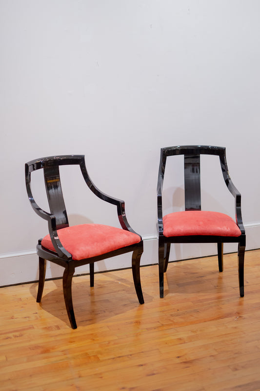 Pair of Italian-Made Black Lacquer Horseshoe Captains Chairs with Red Upholstered Cushion