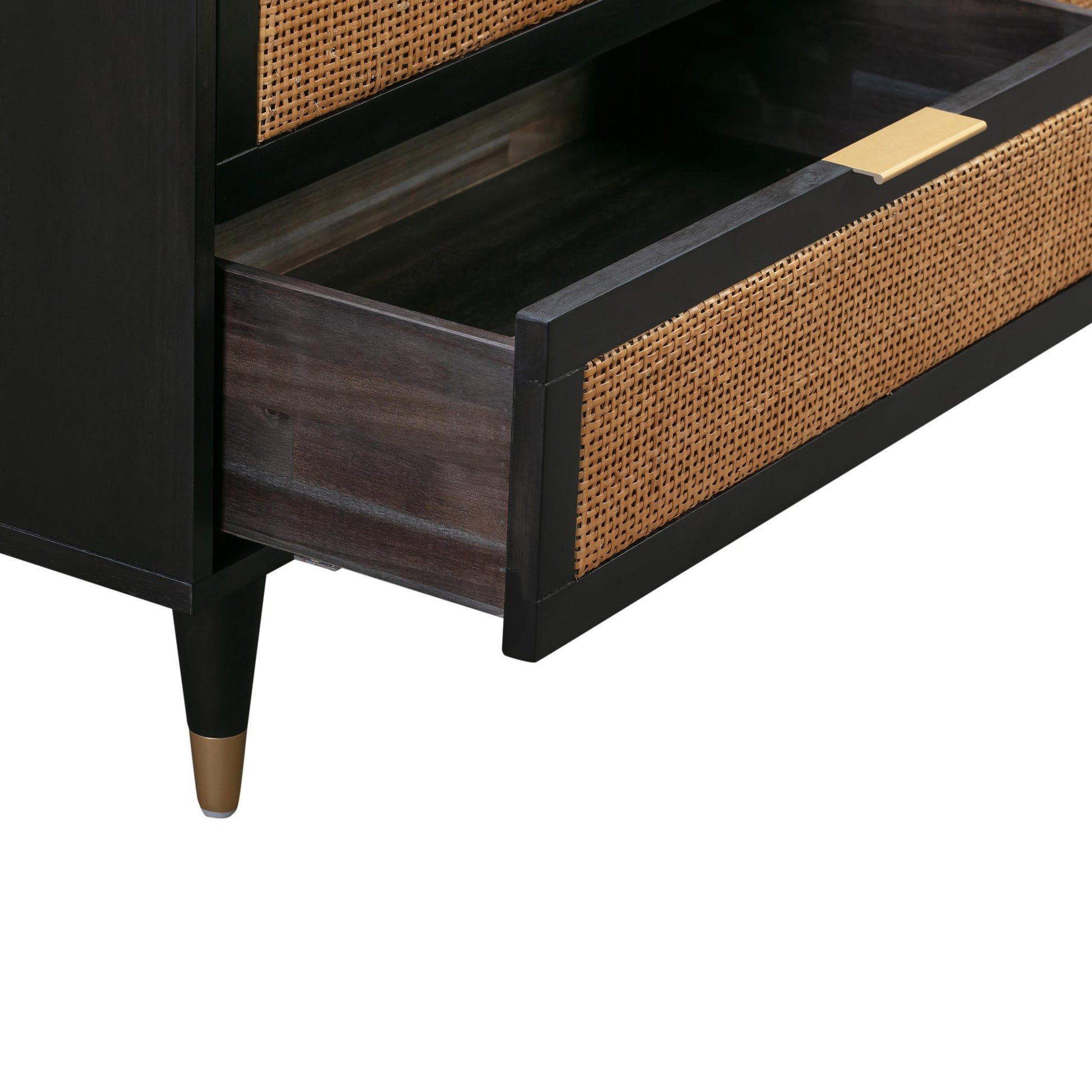 Gothic Black Open Drawer View of Martinique Cane Six Drawer Dresser