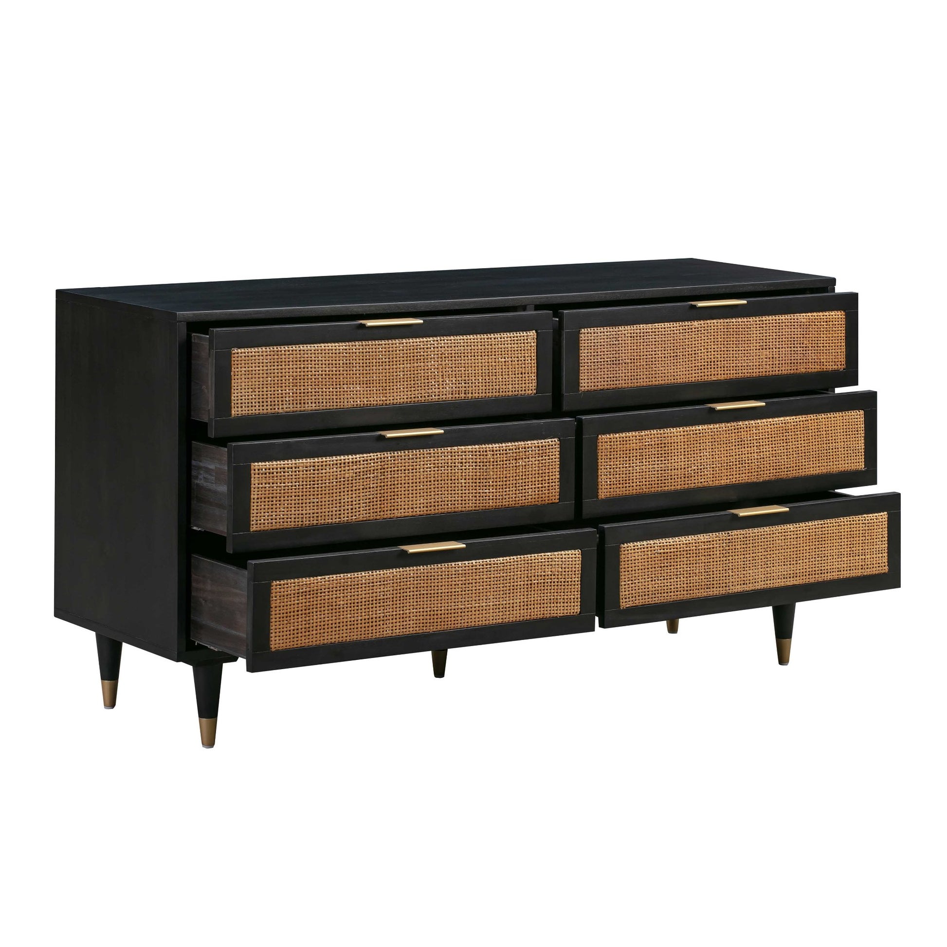 Gothic Black Semi Open Drawers of Martinique Cane Six Drawer Dresser