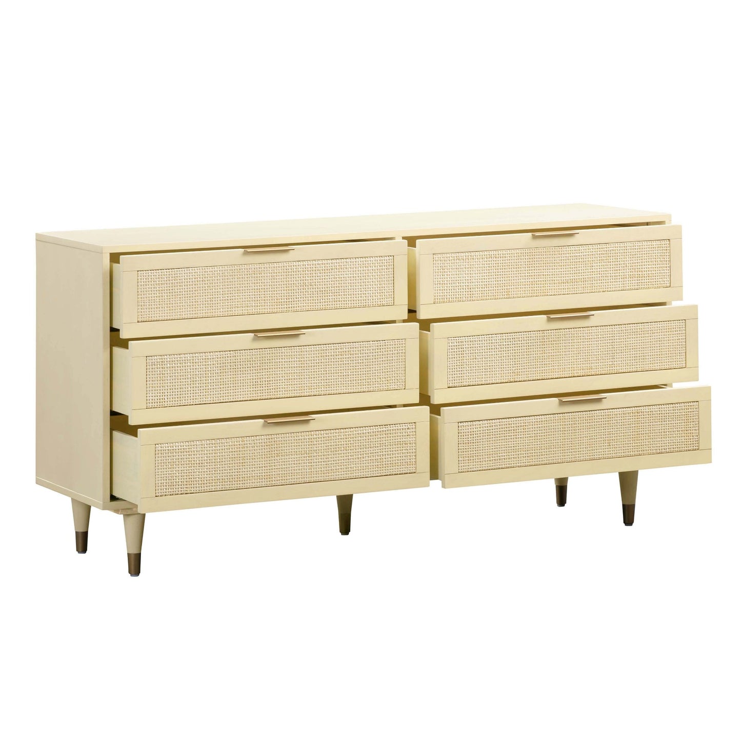 90's Cream Semi Open Drawers of Martinique Cane Six Drawer Dresser