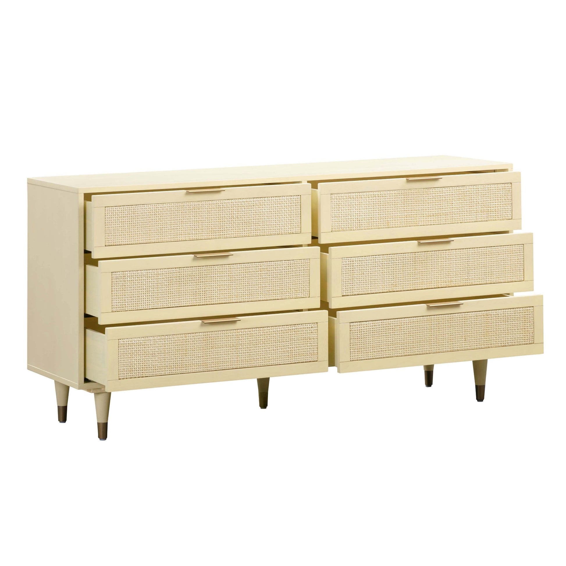90's Cream Semi Open Drawers of Martinique Cane Six Drawer Dresser