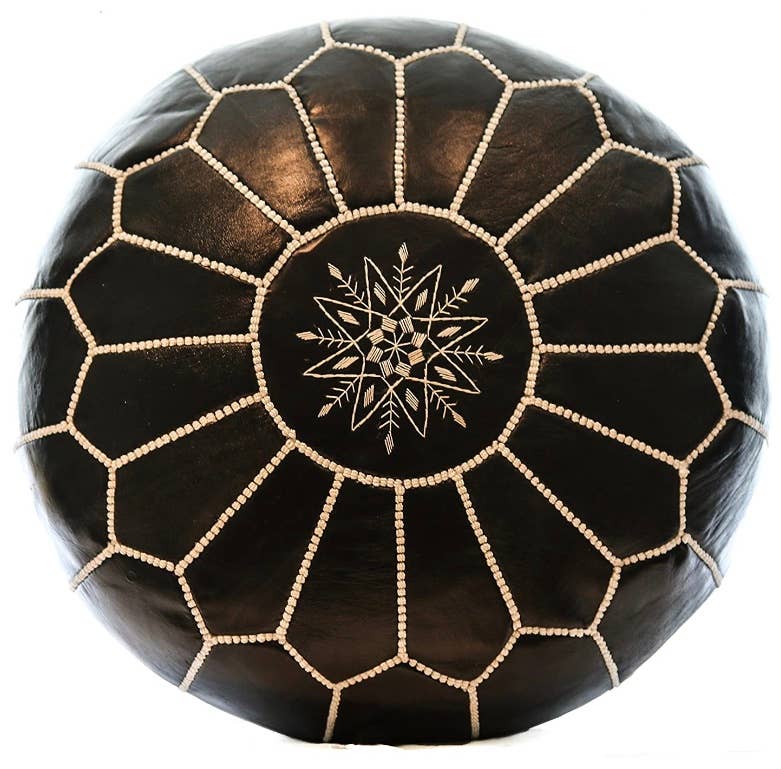 Round Moroccan Leather Pouf in "Black" (unstuffed)