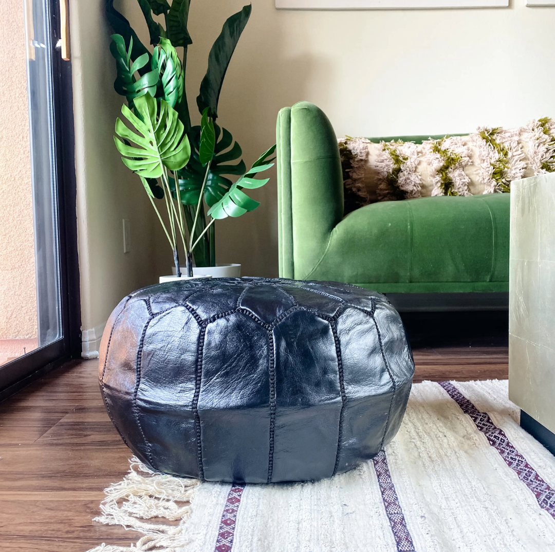 Marrakech Leather Pouf Cover in Blackout