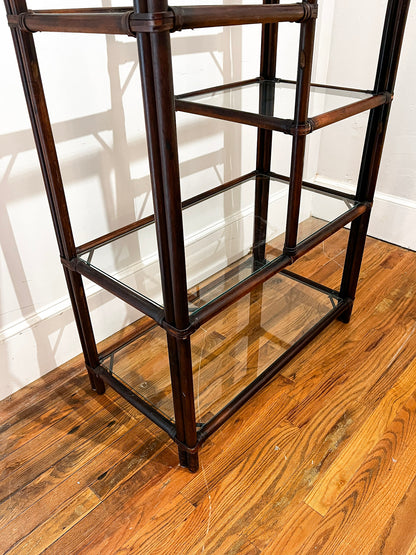 Wood & Leather Etagere - Dark Stain & Staggered Shelves