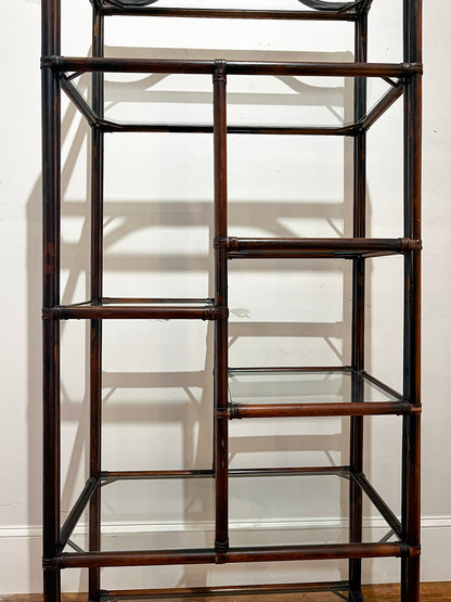 Wood & Leather Etagere - Dark Stain & Staggered Shelves