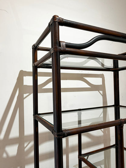 Wood & Leather Etagere - Dark Stain & Staggered Shelves