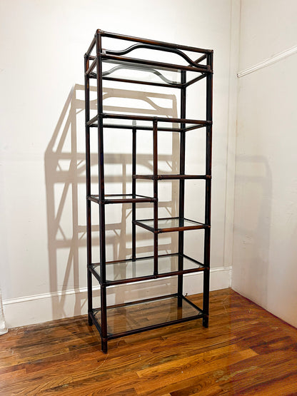 Wood & Leather Etagere - Dark Stain & Staggered Shelves