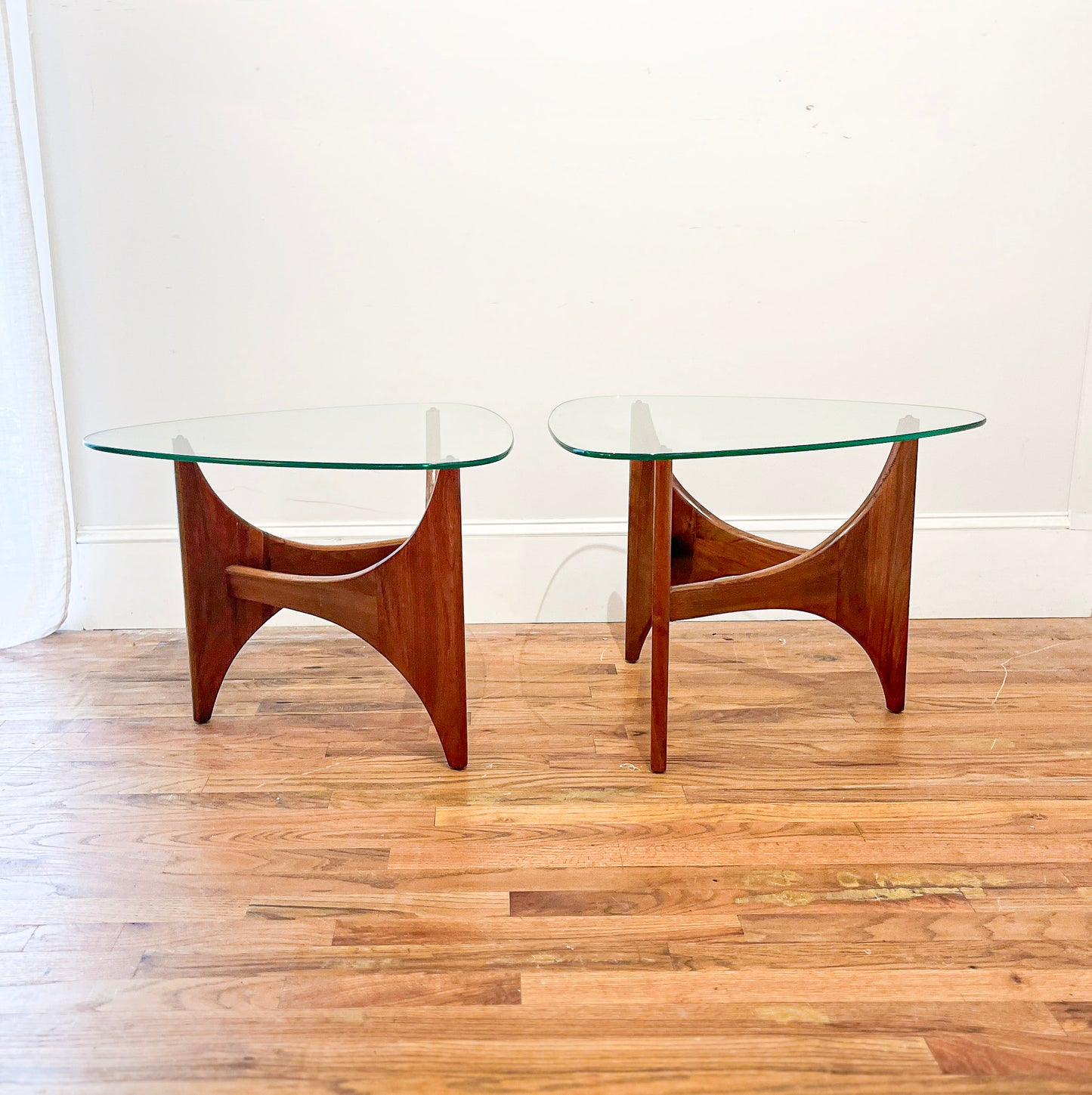 Side by side eye-level view of Adrian Pearsall Triangle Side Table with Guitar Pick Glass