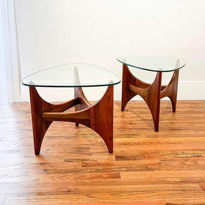 Side by side full view of Adrian Pearsall Triangle Side Table with Guitar Pick Glass