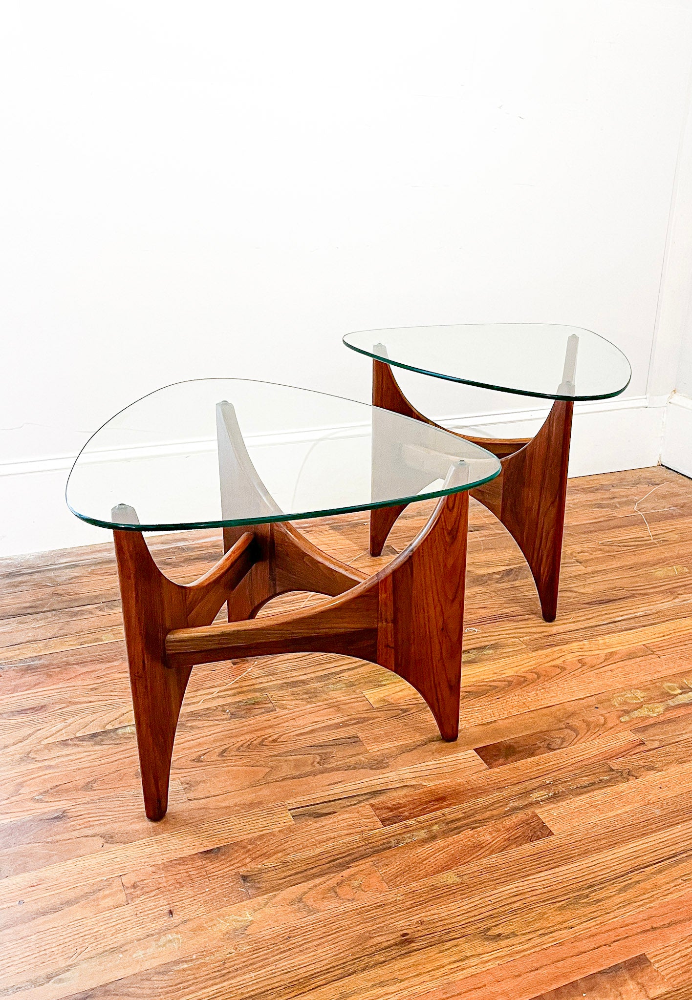 Side by side top view of Adrian Pearsall Triangle Side Table with Guitar Pick Glass