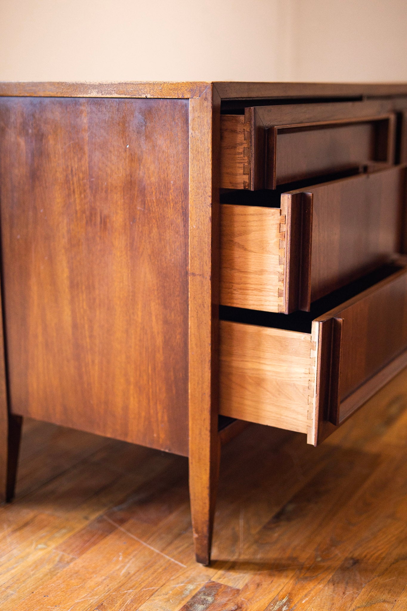 Century Mid-Century Modern Lowboy Dresser drawers open