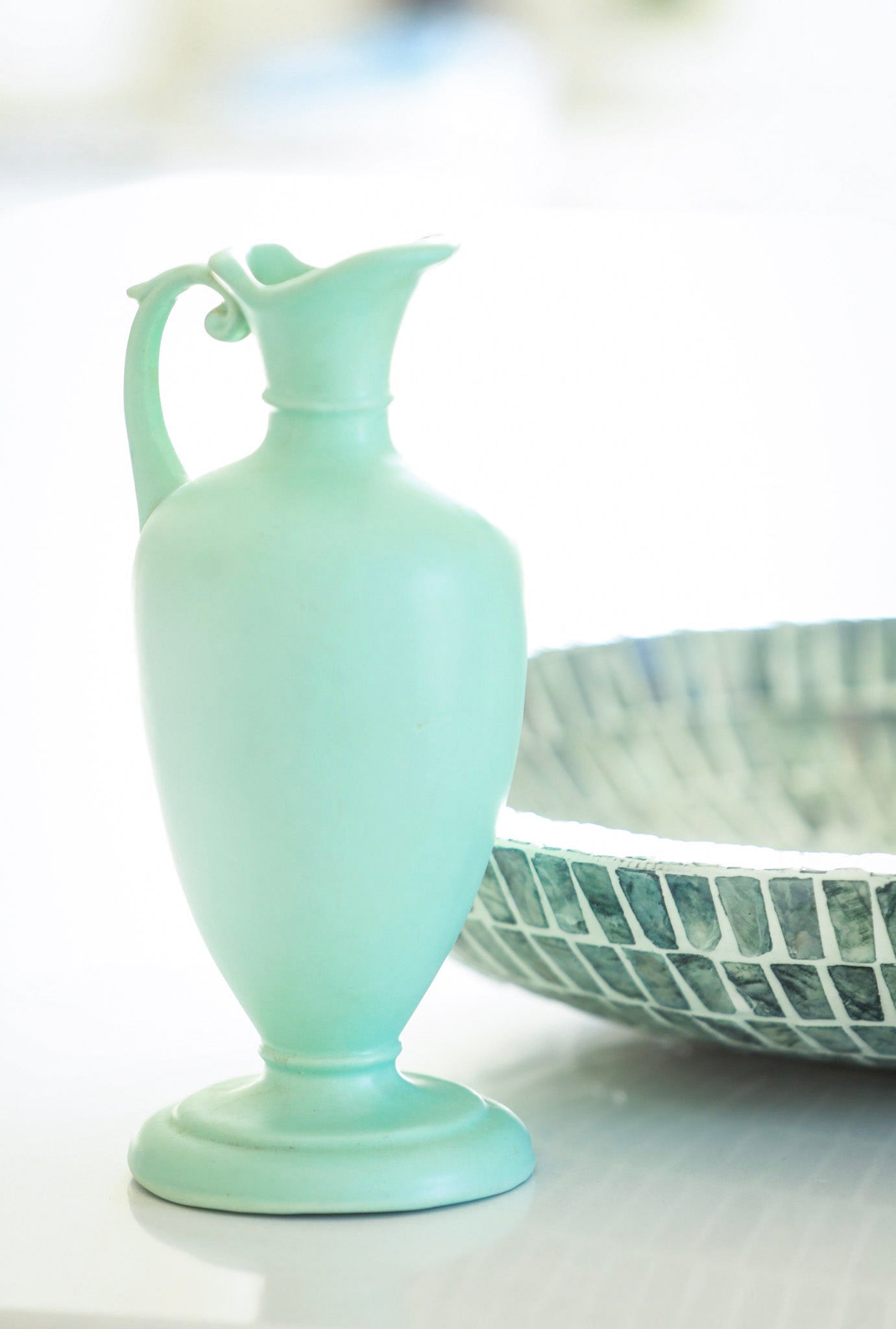 Full profile of Haeger Tiffany Blue Pitcher Vase