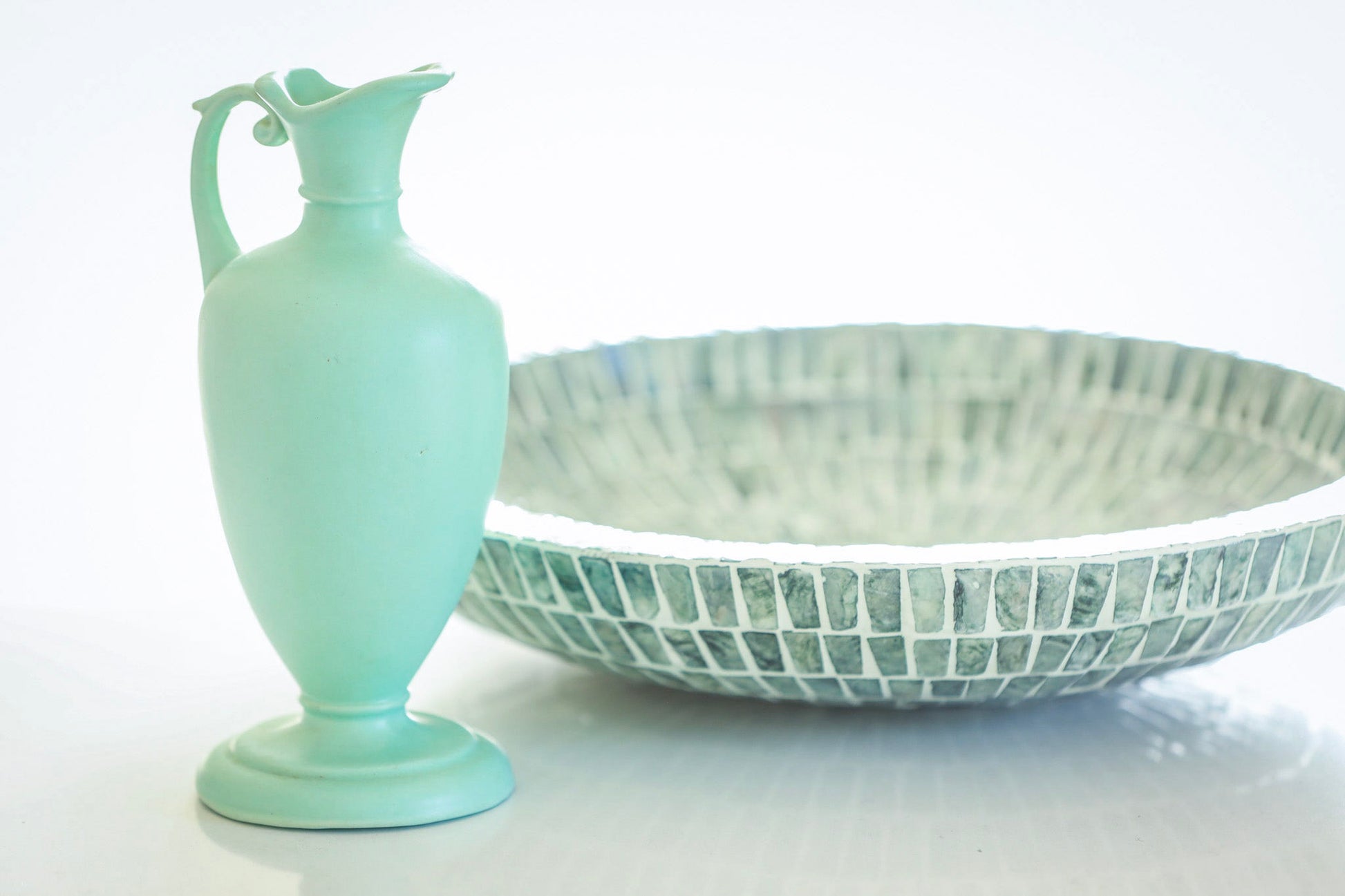 Haeger Tiffany Blue Pitcher Vase styled with matched bowl