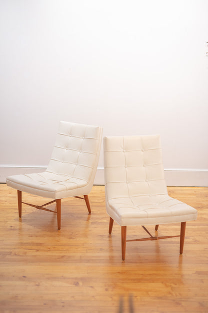 Pair of Florence Knoll-Style White Vinyl Slipper Chairs