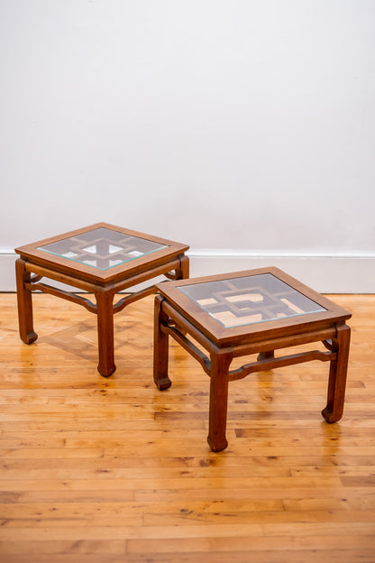 Pair of Chippendale Glass Top Fruitwood Side Tables