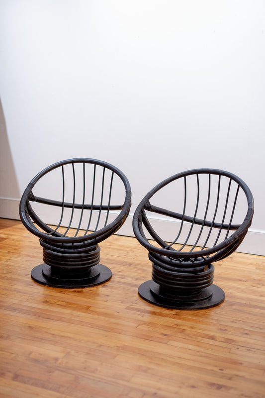 Vintage Egg Rattan Swivel Rocking Chairs - Pair
