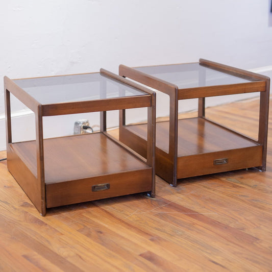 Pair of Vintage Walnut & Smoke Glass Cube End Tables w/ Drawer