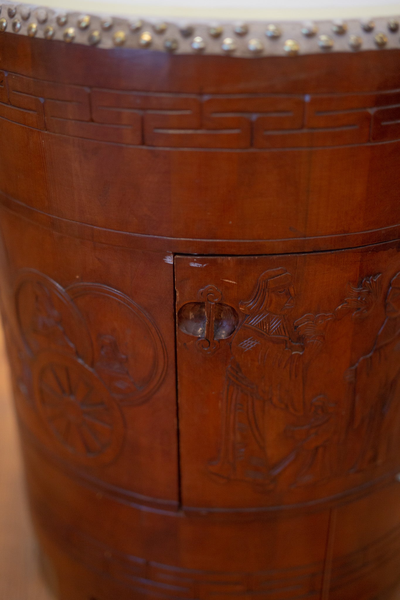 Carved East Asian Drum Table with Compartment