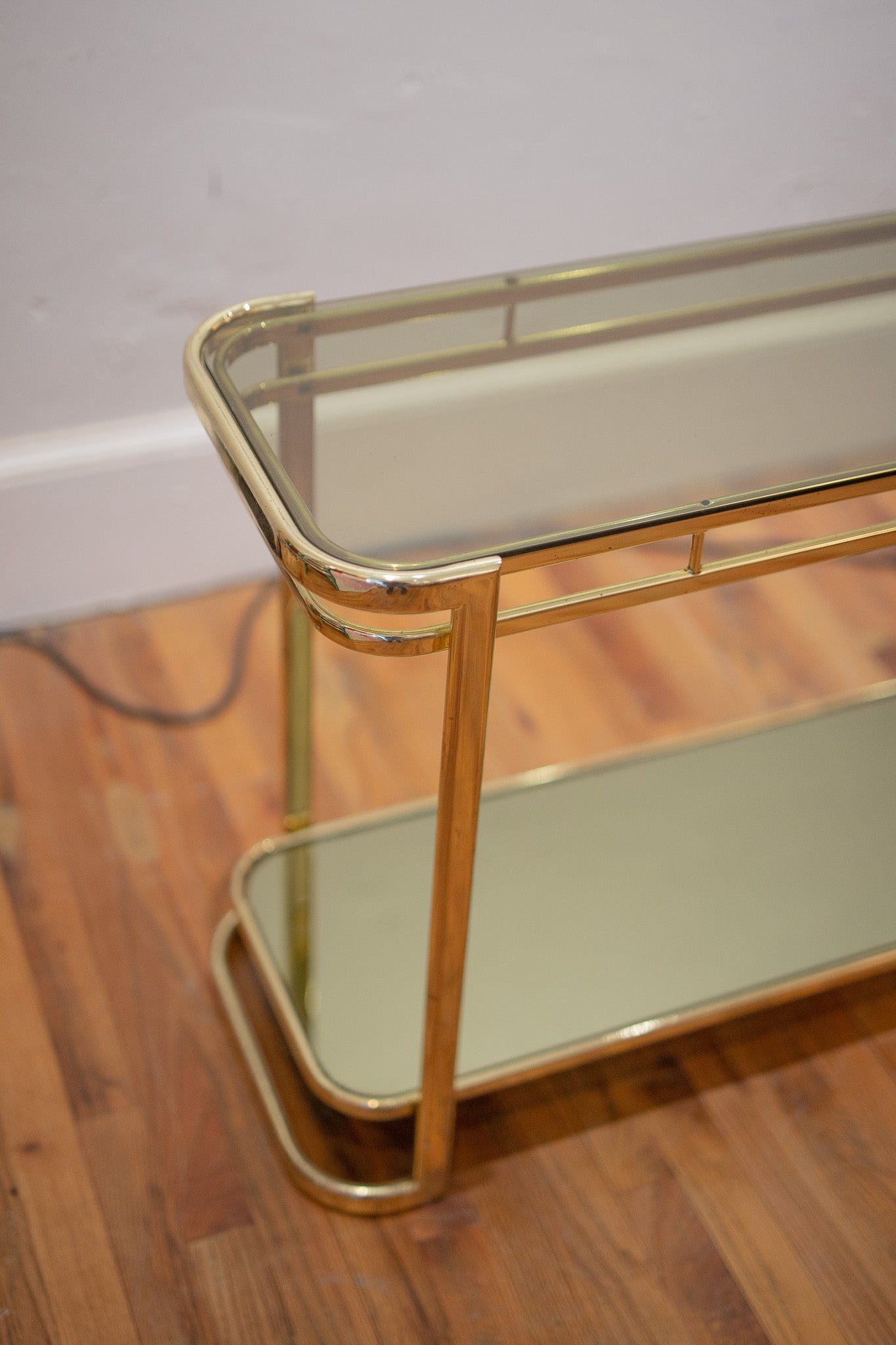 Baughman-Style Brass & Smoke Glass Mirrored Console Table