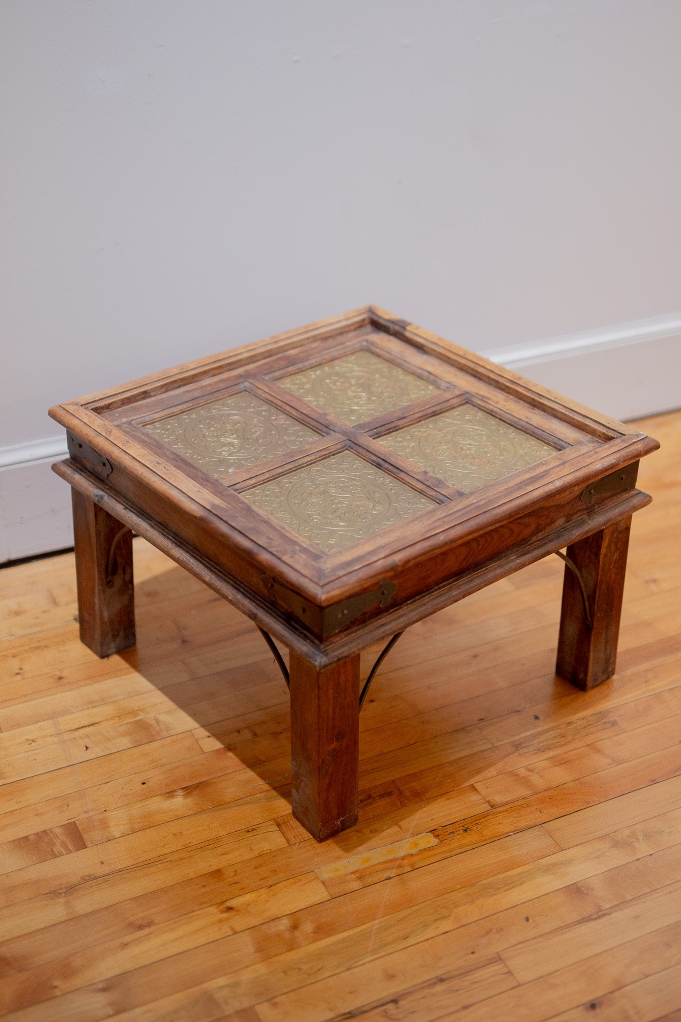 Antique Indian Coffee Table with Brass Tile Panels