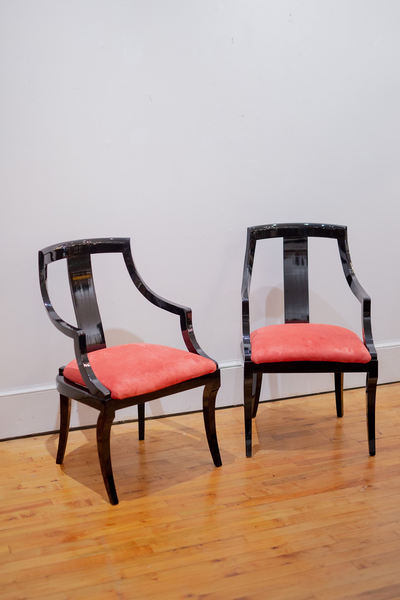 Pair of Italian-Made Black Lacquer Captains Chairs with Red Upholstered Cushion