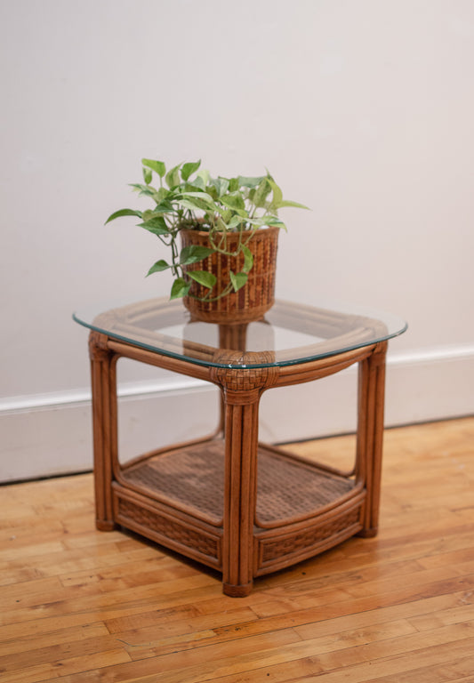 Glass and Rattan Side Table