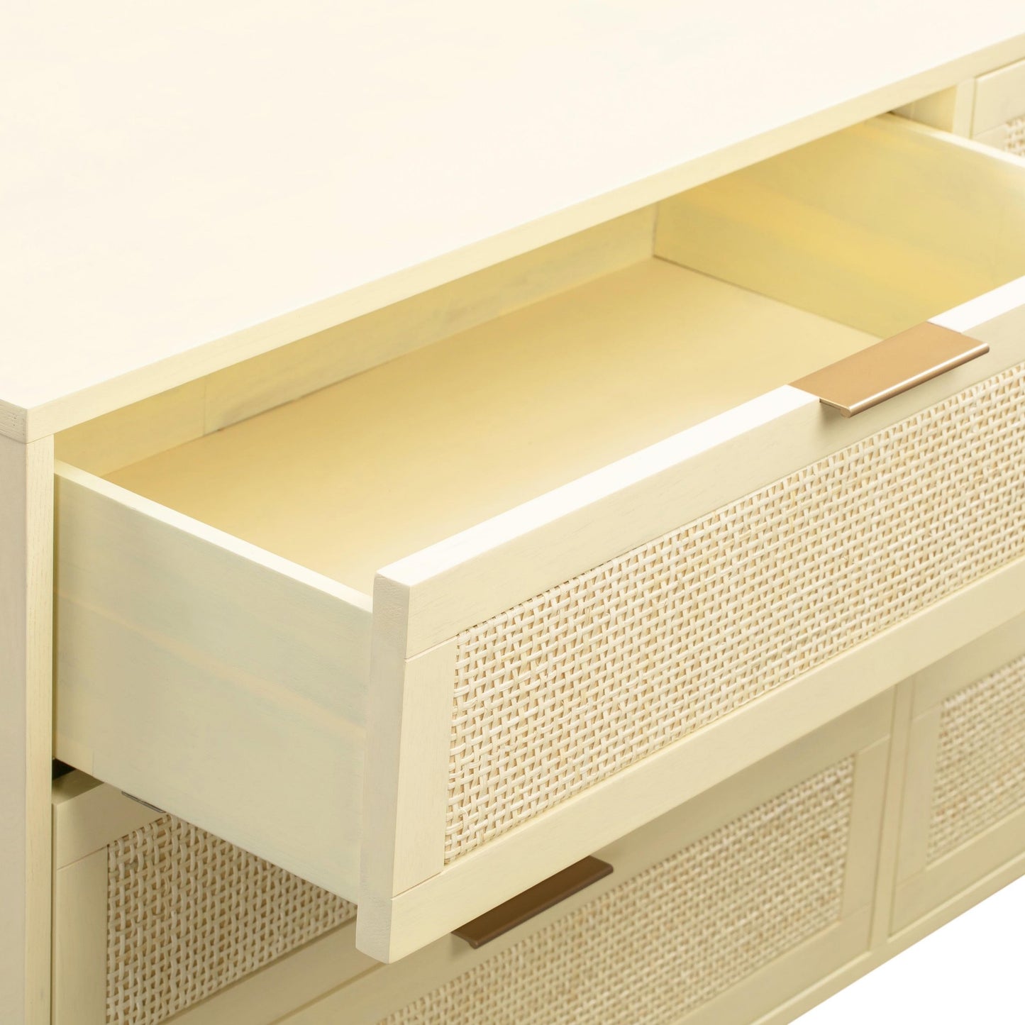 90's Cream Closer Look Drawer of Martinique Cane Six Drawer Dresser