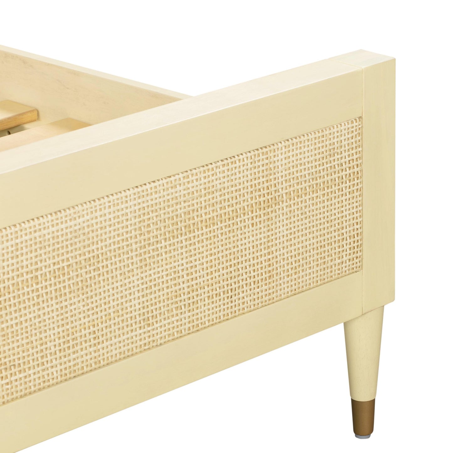 90's Cream Footboard Detail of Martinique Wood and Rattan Bed