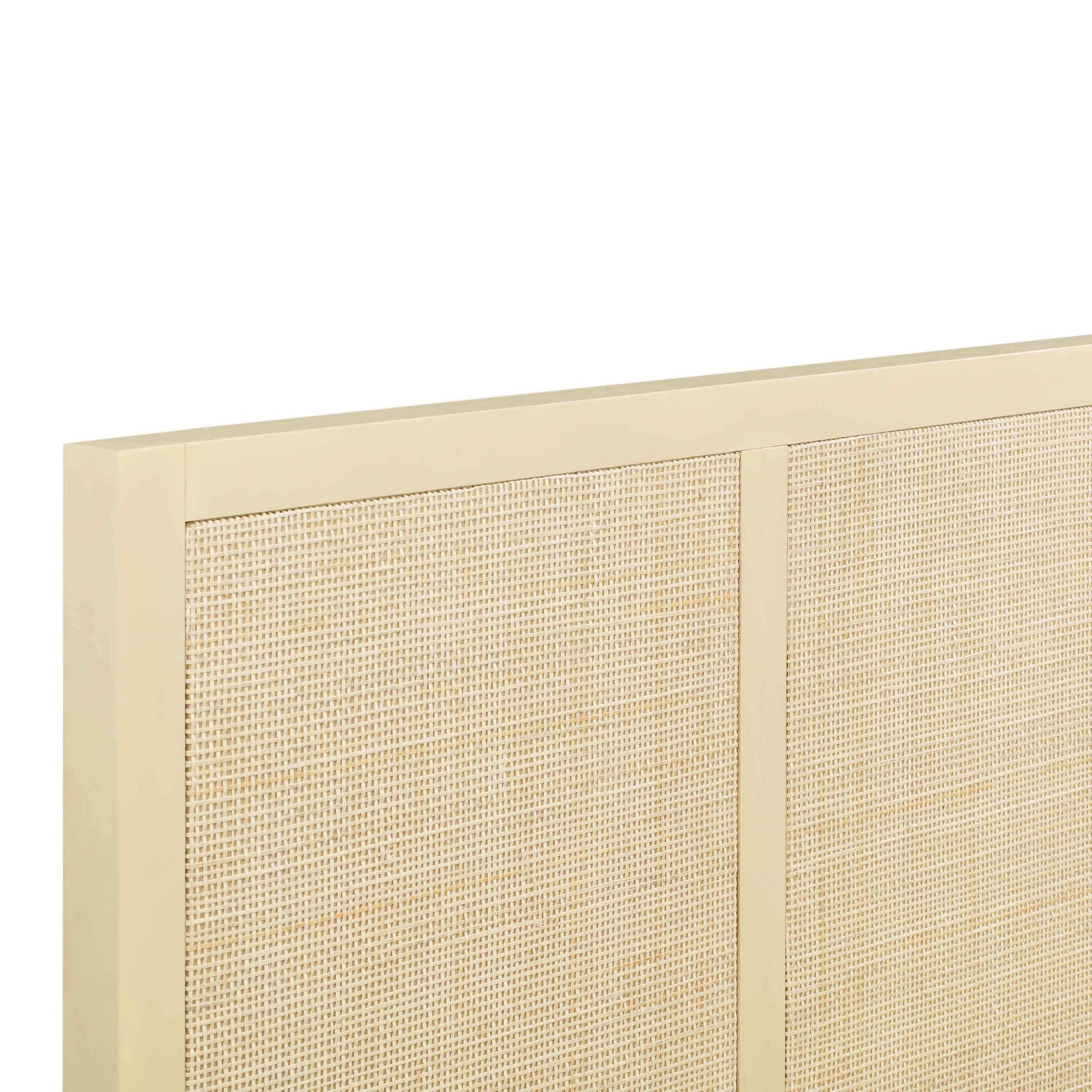 90's Cream Headbpard Detail of Martinique Wood and Rattan Bed