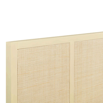 90's Cream Headbpard Detail of Martinique Wood and Rattan Bed