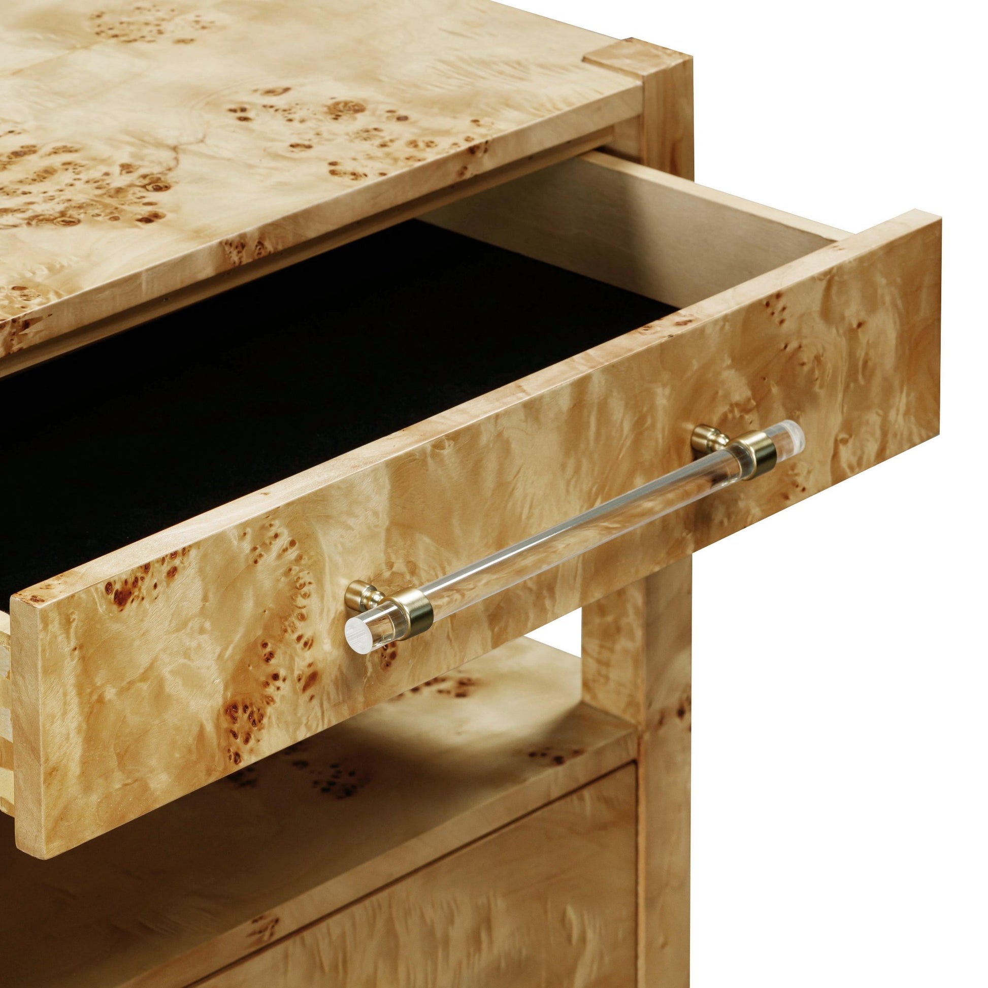 Natural Burlwood Open Drawer Detail of Maven Acacia Burl Nightstand