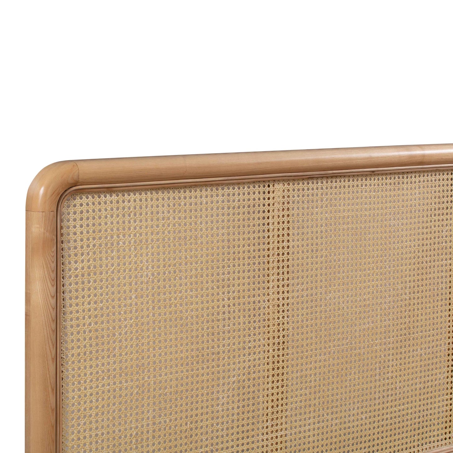 Headboard Top Rail Detai of Mid-Mod Cane and Velvet Bed