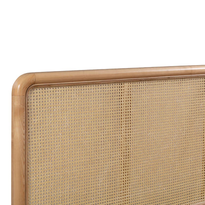 Headboard Top Rail Detai of Mid-Mod Cane and Velvet Bed