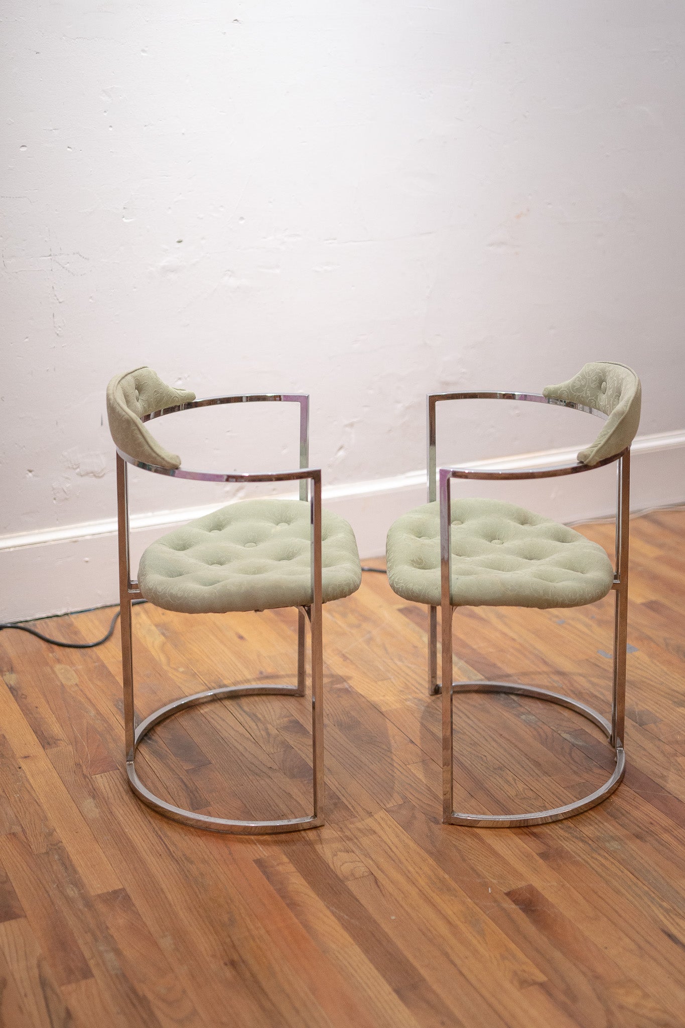 Side View of Pair of Daystrom-Style Upholstered Chrome Barrel Chairs