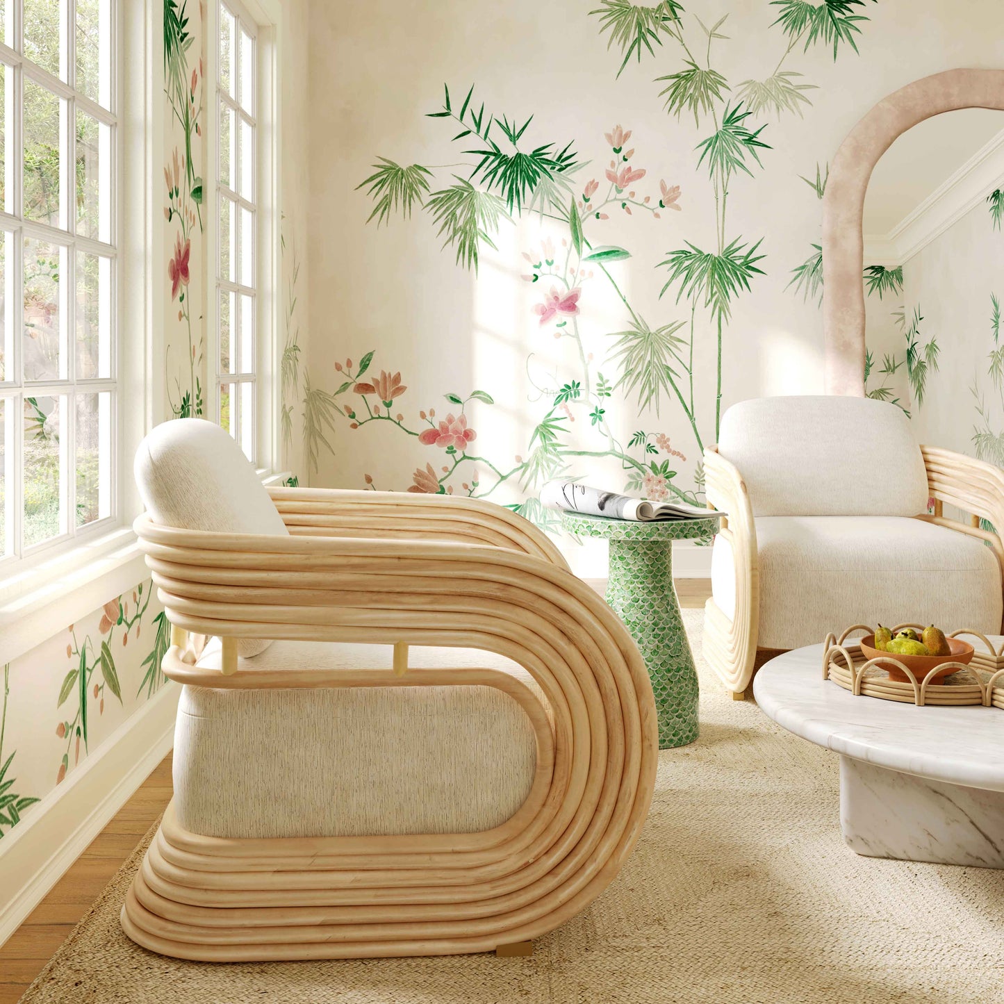 Lauretta Cream Fabric and Natural Rattan Accent Chair