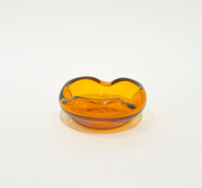 Vintage Blenko Amber Gold Art Glass Dish Full View at Eye Level