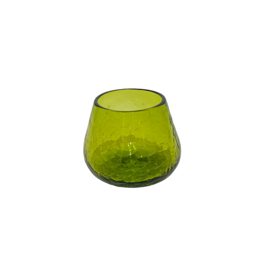 Vintage Blenko Olive Green Crackle Stemless Wine Glass Full View