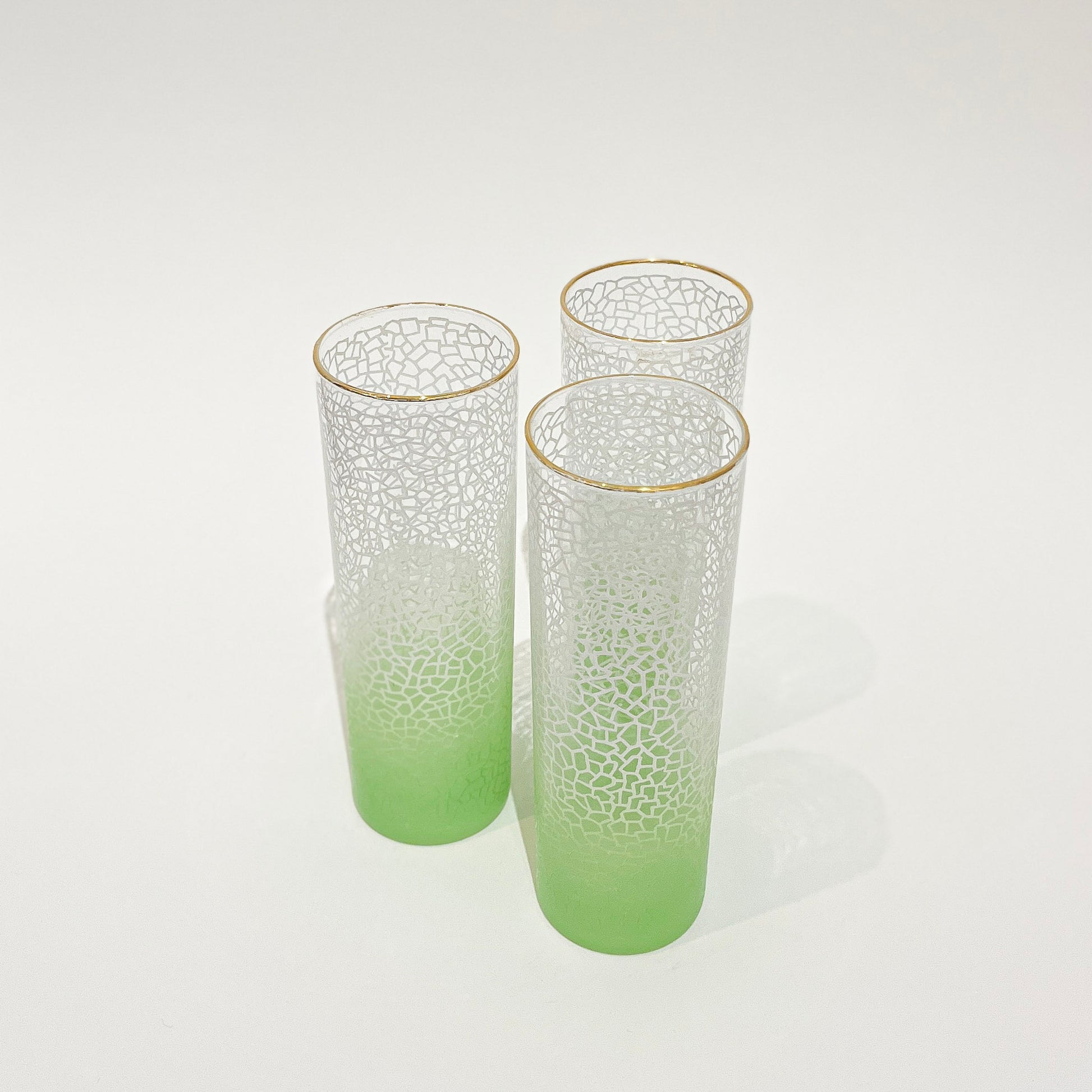 Vintage Green Ombre Crackle Collins Glasses trio rim view