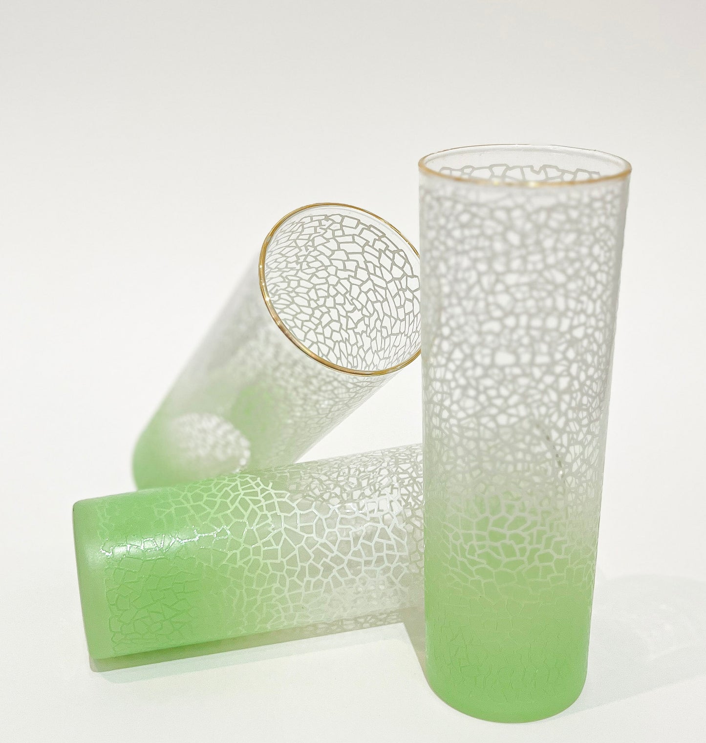 Vintage Green Ombre Crackle Collins Glasses trio view