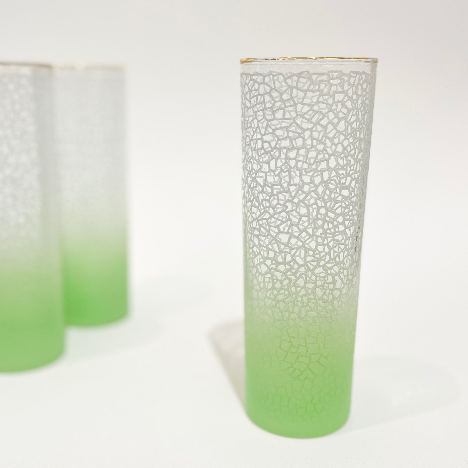 group of Vintage Green Ombre Crackle Collins Glasses