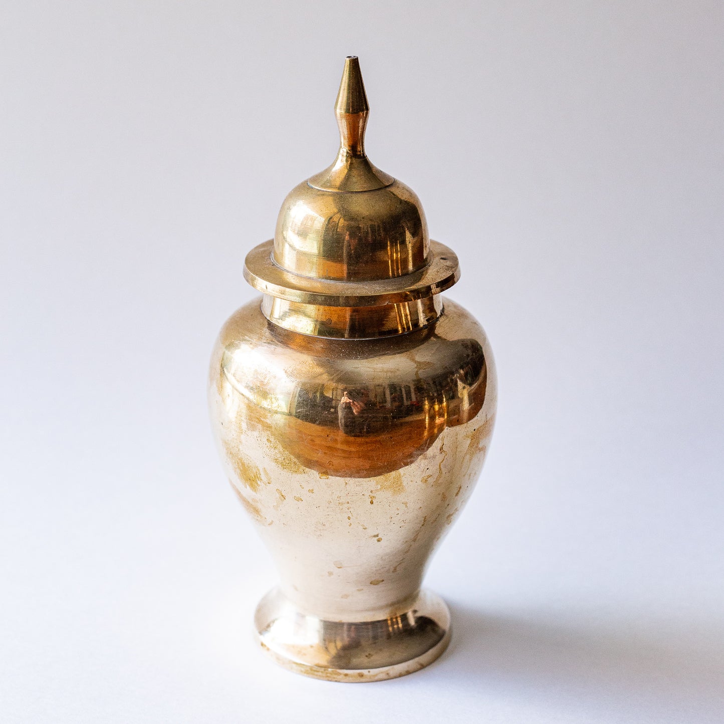 Lidded brass temple jar, measured 8 inches tall.